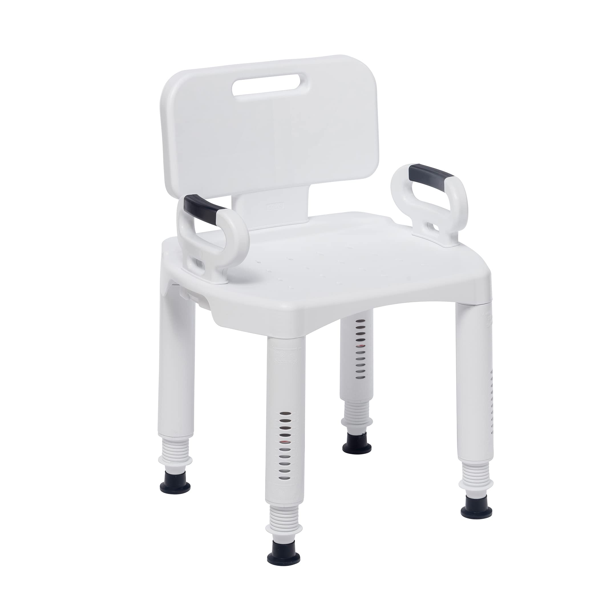 Drive Medical Bathroom Bench with Back & Arms - Adjustable Height - Suction Tip Legs for Stability - Durable Plastic Seat - 350 Lb Capacity - White