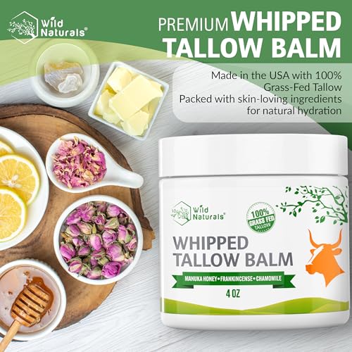 Wild Naturals Whipped Tallow Balm, 100% Grass Fed Beef Tallow and Honey Balm for Face and Body, Unscented Face Moisturizer, Anti-Aging and Dry Skin Relief, Non-Greasy, All-Natural, 4oz