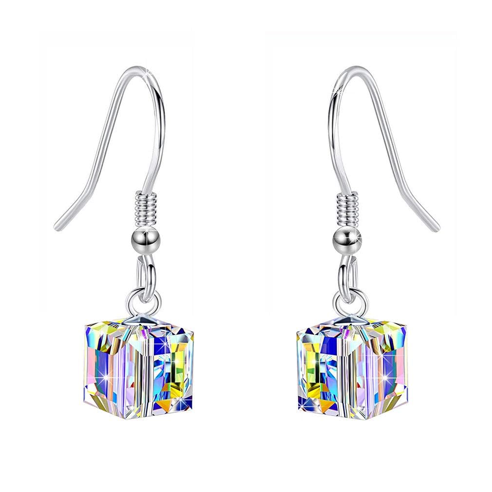 EVEVIC Austrian Crystal Cube Drop Earrings for Women, French Hook
