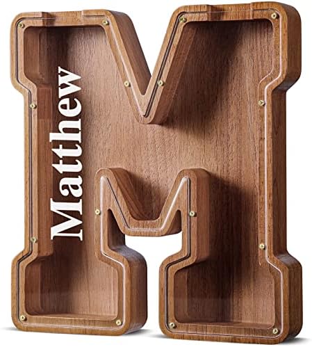 Summidate Customized Name Large Wooden Piggy Bank for Kids Boys Girls Alphabets Letter A-Z Coins Bills Money Change Bank Box Initial on Clear Cover (Laser Engraved) (Alphabet-M, Personalized-12)