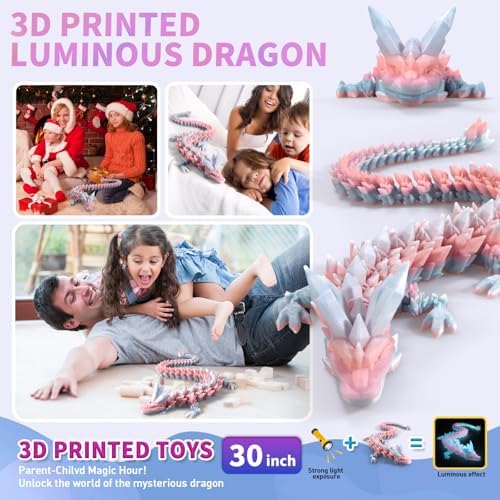 Large 3D Printed Dragon,30 Inch 3D Dragon Toys,Bigger Fidget Crystal Animals Toys, 3D Printed Articulated Animals for Home Office Car Desk Decor (Colorful Luminous, 30 inch)