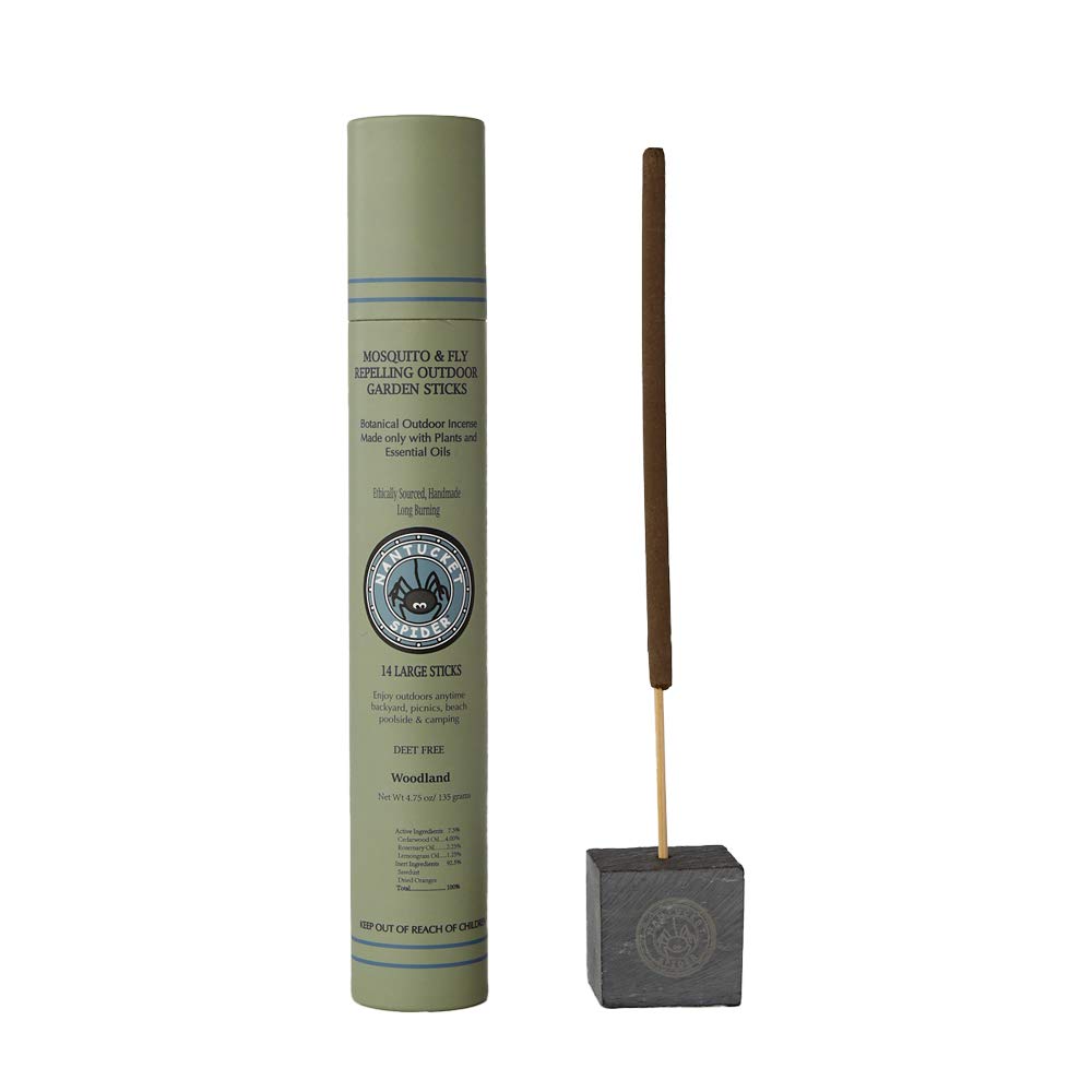 Nantucket Spider Mosquito Repellent Incense Sticks with Stone Holder, Woodland Scent, Outdoor Use Only, 90+ Minute Burn Time, Essential Oil Blend