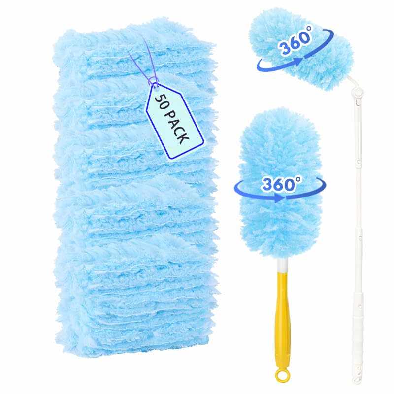 50 Count Duster Refills ，360° Heavy Duty Duster Refills Compatible with Swiffer Duster, Multisurface Heavy Duty Duster Replacements with 1 Short Handle and 1 Extenda Handle