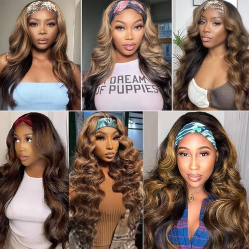 Headband Wig Human Hair Body Wave Headband Wigs for Black Women human hair Blonde Wig 4/27 Highlight Wear and Go Glueless Wig 100% Brazilian Virgin Human Hair Headband wig 150% Density(24inch)