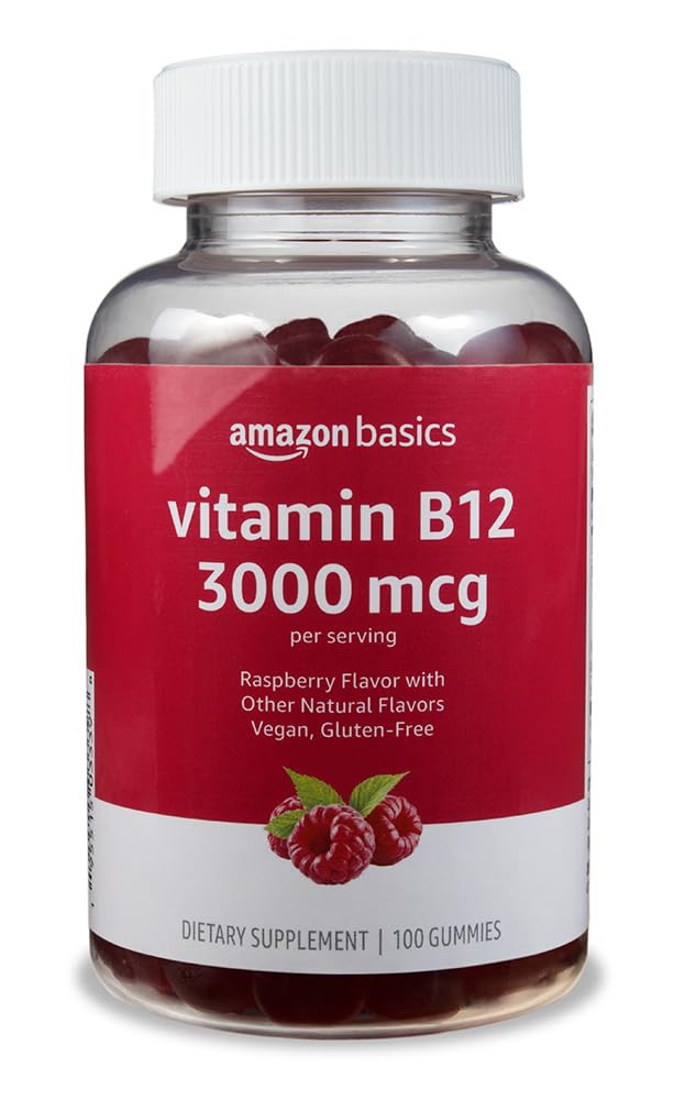 Amazon Basics Vitamin B12 3000 mcg, Normal Energy Production and Metabolism, Immune System Support, 100 Gummies (2 per serving), Pack of 2, Raspberry (Previously Solimo)