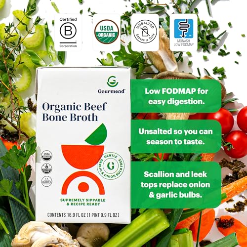 Organic Unsalted 16.9oz Beef Bone Broth from Gourmend Foods (12 Pack) – Just 10 Ingredients, Low FODMAP Certified, Filler Free, Gluten Free, Non-GMO, Onion & Garlic Bulb Free