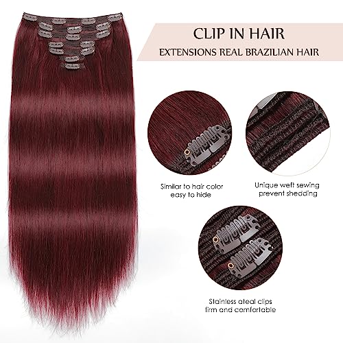 Sisily Clip in Hair Extensions Real Human Hair, 140g 7pcs Human Hair Clip in Hair Extensions Burgundy Red, Hair Extensions Real Human Hair Clip ins 16 Inch Straight Double Weft