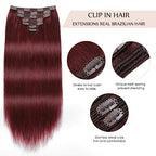 Sisily Clip in Hair Extensions Real Human Hair, 140g 7pcs Human Hair Clip in Hair Extensions Burgundy Red, Hair Extensions Real Human Hair Clip ins 16 Inch Straight Double Weft