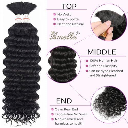 Amella Bulk Human Hair For Braiding 22Inch Deep Wave Human Braiding Hair (1pack-2bundles) Human Hair Braiding Hair 100%Unprocessed Brazilian Virgin Human Hair human braiding hair for boho braids 100g