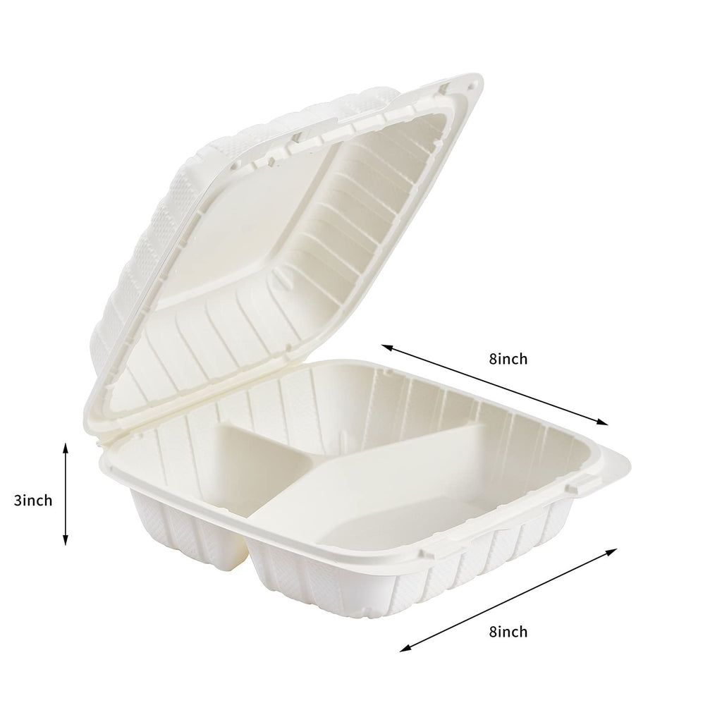 Jaluxing 8X8 3Compartment 50Pack Plastic Clamshell Take Out Food Containers, Heavy Duty To-go Disposable Lunch Box Restaurant Meal Prep Packaging Catering Hinged Container (Formerly FULING)