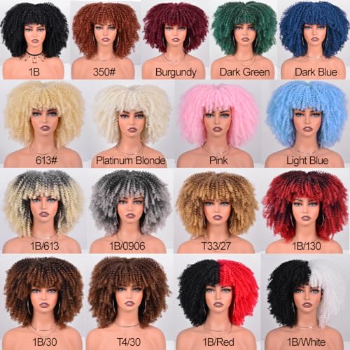Afro Curly Wigs for Black Women Afro Bomb Kinky Curly Wig with Bangs 12 Inches about 280g Fluffy and Soft Glueless Synthetic Hair Wig (Dark Blue)