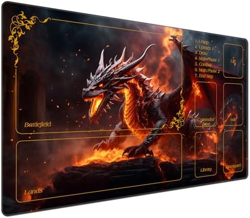 DEGDFSGR MTG Playmat with Zones 27.5" x 15.74" inches, Non-Slip Rubber Base, Commander Playmat for Magic The Gathering, The Fire Dragon On The Rock