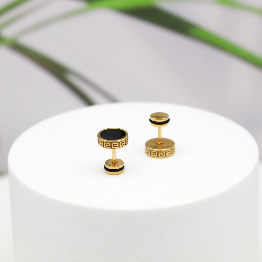 2026 Upgraded Hypoallergenic earrings for men,Mens surgical steel black stud earring jewelry,Great Wall wall grain round cake shape,Single black gel 0.4 inches wide