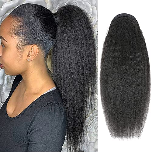 Kinky Straight Ponytails Human Hair 10A Grade Drawstring Ponytail Extension Yaki Straight Clip in Pony Tail for Black Women Natural Black Hair Pieces (18 Inches)