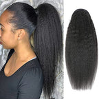 Kinky Straight Ponytails Human Hair 10A Grade Drawstring Ponytail Extension Yaki Straight Clip in Pony Tail for Black Women Natural Black Hair Pieces (18 Inches)