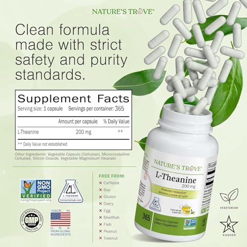 Nature's Trove L-Theanine 200mg Super Value Size - 365 Vegetarian Capsules