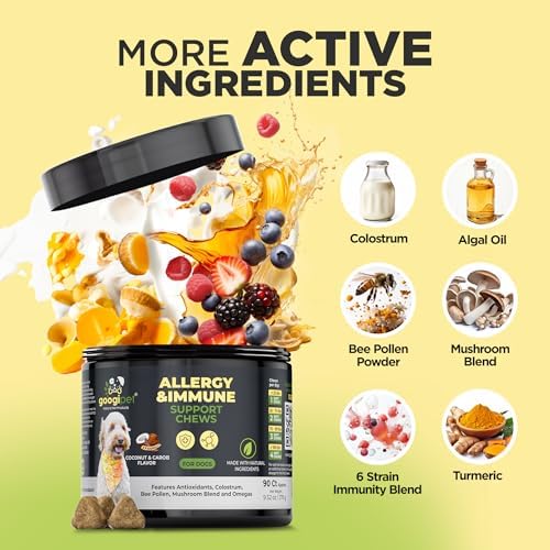 Googipet Dog Allergy Chews, Dog Allergy Relief & Itchy Skin Relief, Skin & Coat Supplement +Bee Pollen, Colostrum for Dogs, Coconut Oil, Probiotics, & Omega 3 Fish Oil to Reduce Constant Scratching