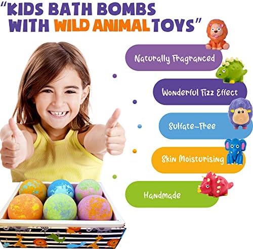 Bath Bombs for Kids with Toys Inside - Organic Bubble Bath Fizzies with Jungle Animal Toys. Gentle and Kids Friendly Spa Bath Balls, Bath Fizz Balls - Valentines Day Gift for Toddlers, Boys, Girls