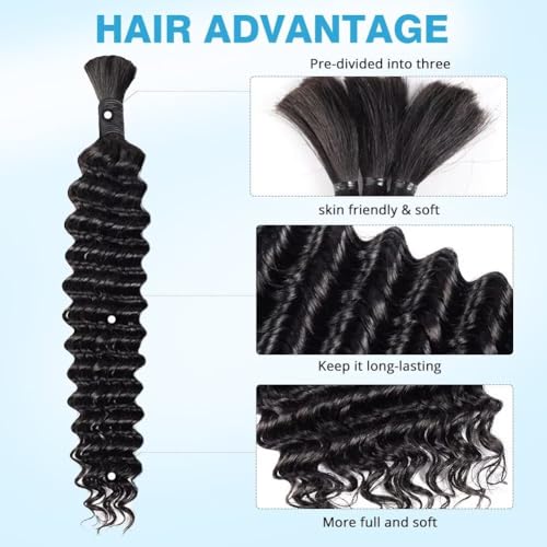 Human Braiding Hair Deep Water Wave Bulk Human Hair 50g 18 Inch Curly Human Hair for Boho Braids Hair Extensions No Weft 1 Braids Per Pack Wet and Wavy Human Hair Braiding Hair Natural Color