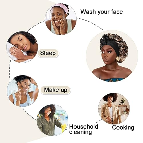 Satin Bonnet for Women Tie Band Hair Bonnet for Sleeping Large 2 Layered Silk Sleeping Cap Nightcap for Sleeping with 3PCS Hair Scrunchies (Leopard Print(Bonus3 Hair scrunchies))