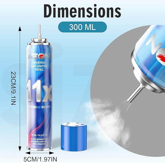 NEON Butane Lighter Refill 11X Ultra Refined Fuel Bundle, 300ml Premium Gas for Refillable Lighters and Torches, Universal Butane Fuel for Lighters Culinary Use and Stove Refilling – Pack of 4