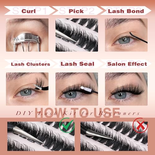 Focipeysa Fluffy Lash Clusters Kit D Curl Lashes Extensions Thick Volume Eyelash Clusters DIY Eyelash Extension with Lash Glue Lash Bond and Seal 10-16mm Fluffy Cluster Eyelash Extension DIY Lashes