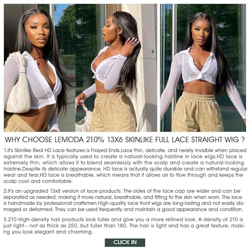 Lemoda 210% Density Full 13x6 SKINLIKE Real HD Lace Frontal Wigs Straight 13x6 Full Lace Frontal Virgin Human Hair Wigs Invisible 0.1mm Ultra-thin Knots Frayed Ends Lace Wig 20Inch