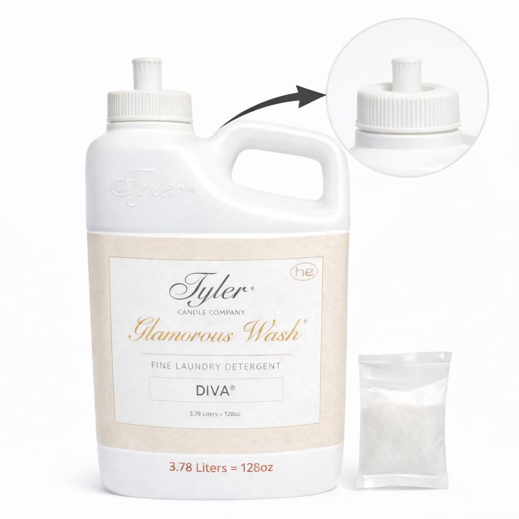 Tyler Candle Glamous legacy Laundry Detergent, Diva, Liquid, 128 Fl Oz HE Safe/with Dryer Sachet Single Pouch, Pull and Pour Spill Proof Cap fh