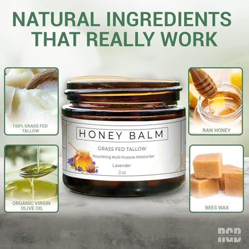 Tallow and Honey Balm, Handmade, Organic Body Butter, Grass-Fed Beef Tallow for Skin, Soothing All-Natural Moisturizer | Made in USA - 2 oz (Lavender)