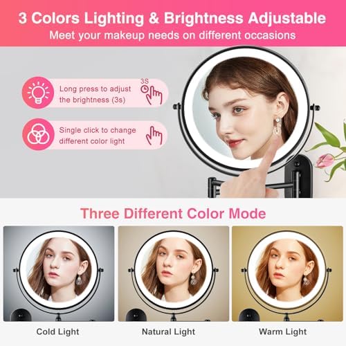 Magnifying Mirror with Lights 1x/15x Rechargeable: 8.5 inch Wall Mounted Lighted Makeup Mirror for Bathroom