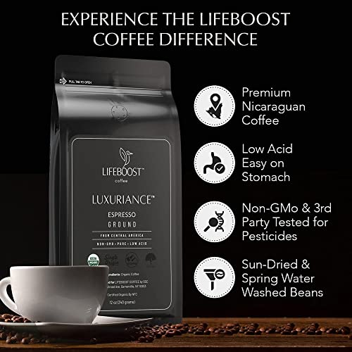Lifeboost Coffee Espresso Ground Coffee - Low Acid Single Origin USDA Organic Coffee - Non-GMO Espresso Coffee Third Party Tested For Mycotoxins & Pesticides (Espresso Ground 12oz x 3 pack)