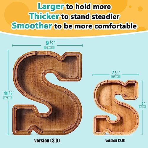 Summidate Customized Name Extra Large Wooden Piggy Bank for Kids Boys Girls Letter A-Z Coins Bills Money Change Bank Box Initial on Clear Cover (Laser Engraved) Educational Toys 12"- Letter S