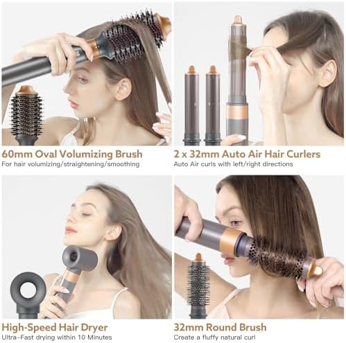 Hair Dryer Brush, webeauty 5 in 1 One Step Professional Hot Air Brush Set for Fast Drying, Curling Drying, Straightening Combing, Hair Styler [Ceramic Coating] [Negative Ion] 110000 RPM (Grey+Gold)