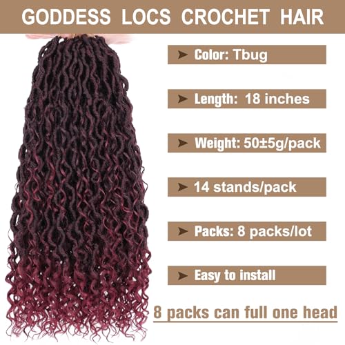 COOKOO Bohemian River Faux Locs Synthetic Braids Hair 18 Inch 8 Packs Burgundy Red Goddess Locs Hair with Curly Ends Ombre River Locs Crochet Braiding Hair for Women Boho Style Crochet Braids Tbug#