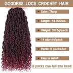 COOKOO Bohemian River Faux Locs Synthetic Braids Hair 18 Inch 8 Packs Burgundy Red Goddess Locs Hair with Curly Ends Ombre River Locs Crochet Braiding Hair for Women Boho Style Crochet Braids Tbug#