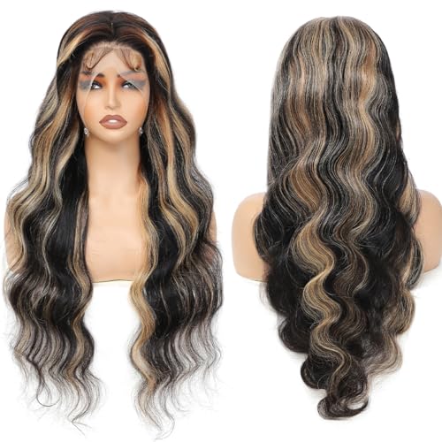 28 Inch 1B/27 13x6 Balayage Highlight Ombre Body Wave Lace Front Wigs Human Hair Honey Blonde Colored Lace Frontal Glueless Wigs Human Hair Pre Plucked for Women with Baby Hair