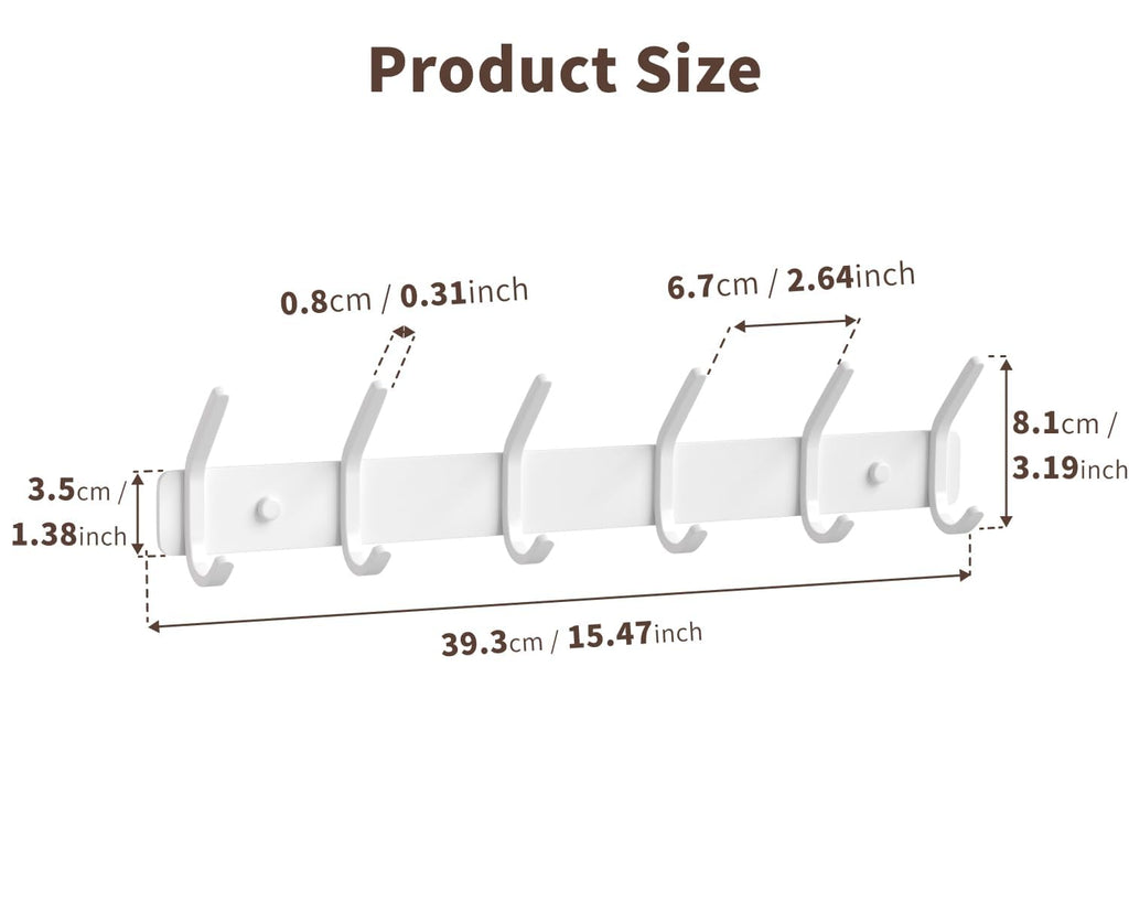 GWAAZXGZ Coat Rack Wall Mount Hooks - 15 Inch Matte White Metal 6-Hook Organizer Wall Mounted, Modern Kids Room, Entryway & Bathroom Hanger for Beach Towels, Coats, Purses, Bags (2 Pack)