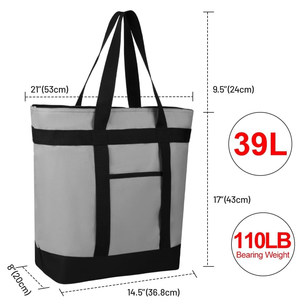 CIVJET Insulated Reusable Tote Bag for Grocery Shopping for Women/Men, Pizza/Food Delivery Bag to Keep Food Cold/Hot for Professional Catering, Cooler bags for Travel/Beach/Picnic, Grey, 3-Pack