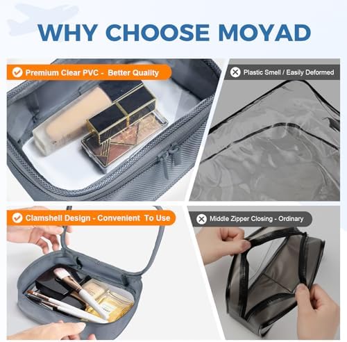 Moyad TSA Approved Clear Toiletry Bag, 2 Pack Quart Size 3-1-1 Liquids Pouch for Travel, Transparent Makeup & Cosmetic Organizer for Women Men, Grey