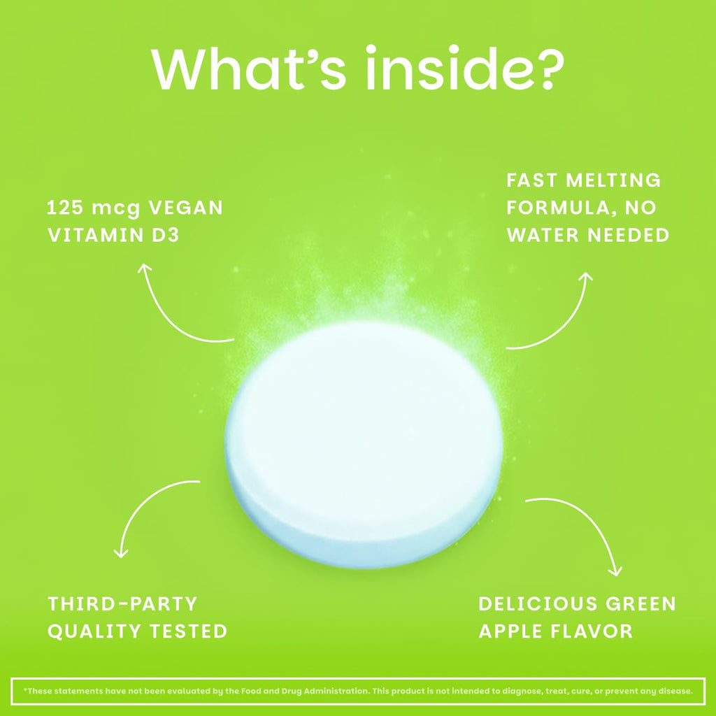 EZ Melts Dissolvable Vitamin D3 5,000 IU - Vegan Vitamin D Supplement for Bone & Teeth Support - No Artificial Flavors - Plant-Based & Non-GMO - Green Apple - 90 Dissolvable Tablets (90 Servings)