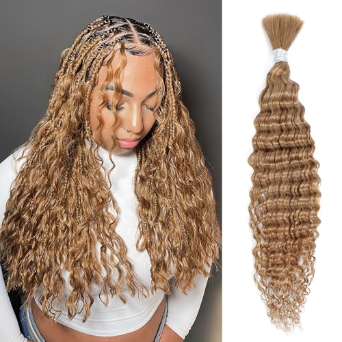 14 Inch Deep Wave Bulk Human Hair for Braiding No Weft Human Braiding Hair 100% Unprocessed Curly Micro Human Hair Braiding Hair Extensions for Boho Braids Wet and Wave (50g/1Pack) #27