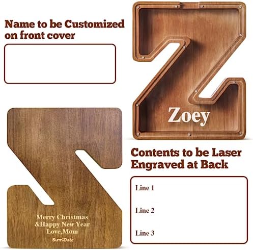 Summidate Customized Name Large Wooden Piggy Bank for Kids Boys Girls Alphabets Letter A-Z Coins Bills Money Change Bank Box Initial on Clear Cover (Laser Engraved) (Alphabet-Z, Personalized-12)