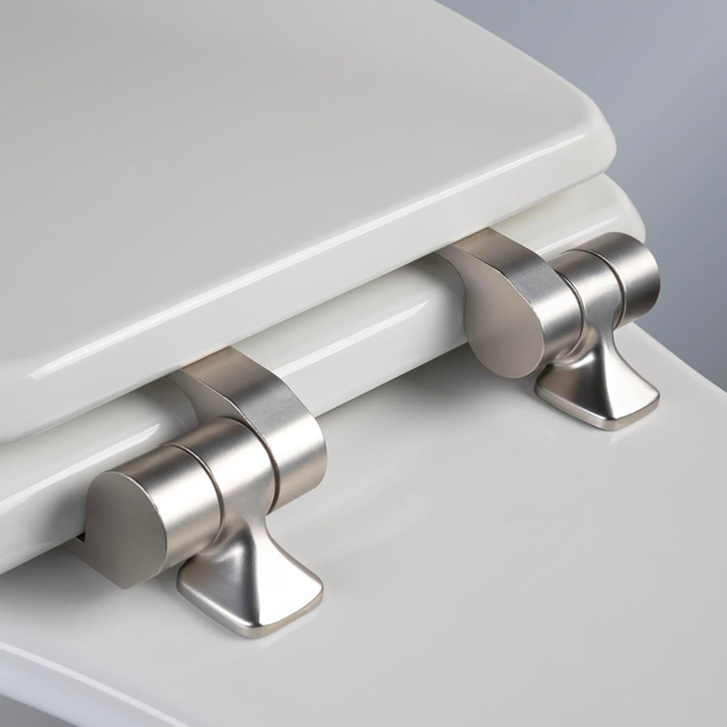 Mayfair Bennett Toilet Seat with Brushed Nickel Hinges, Slow Close Wood Seat, Secure Metal Hinges, Easy Install, Elongated, White