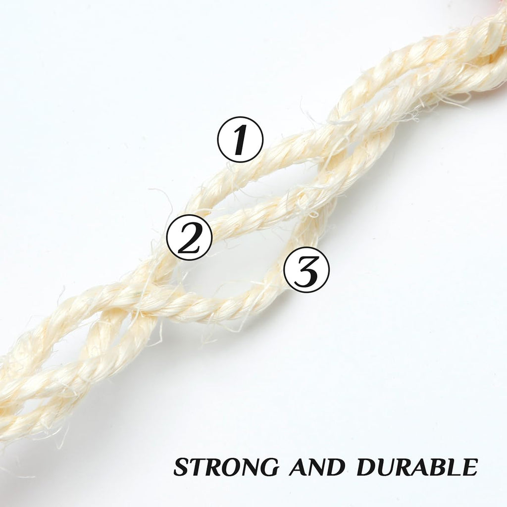 Natural Sisal Rope 1/4 Inch 6mm 98-Feet for Cat Scratching Post Tree Tower Replacement Repair and Replace, DIY Hemp Twine Rope for Cat Scratching Furniture Window Perch and Crafts Gardening