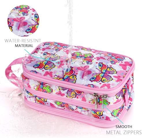 Kids Toiletry Bag for Girls, Travel Toiletry Bag for Little Young Girls Cosmetic Bag Makeup Bag Waterproof Hanging Wash Bag Toddler Toiletries, Butterfly Pink