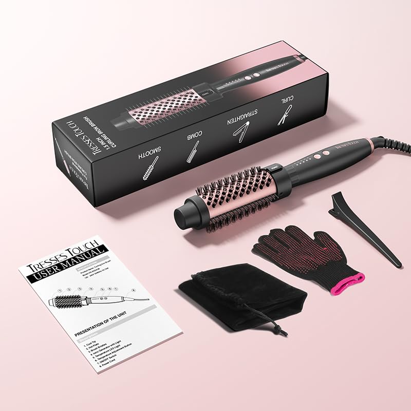 Thermal Brush Blowout, Curling Iron 1.5 Inch Thermal Round Hair Curling Brush with 5 Temp Settings, Universal Voltage, Tourmaline Ceramic, Negative Ion Technology, New Update Rose Gold