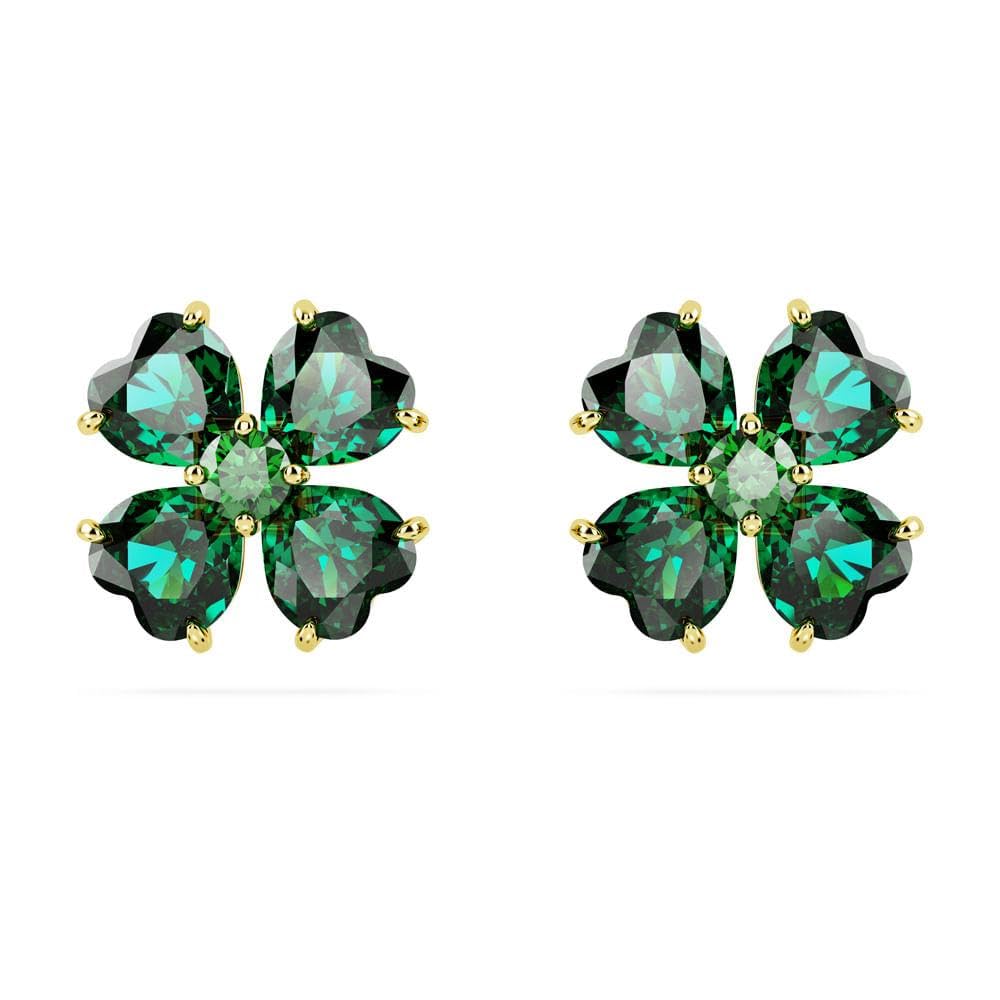 Swarovski Idyllia Stud Earrings, Gold-Tone Finished Clover Motif with Green Stones, Part of the Swarovski Idyllia Collection