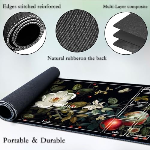 for MTG Game Playmat, for Magic TCG Rubber Play mat,Tabletop Card Playmats with Smooth Surface,Trading Card Inked Game Mat with New Zones,Battle Game,Wildflowers in Black