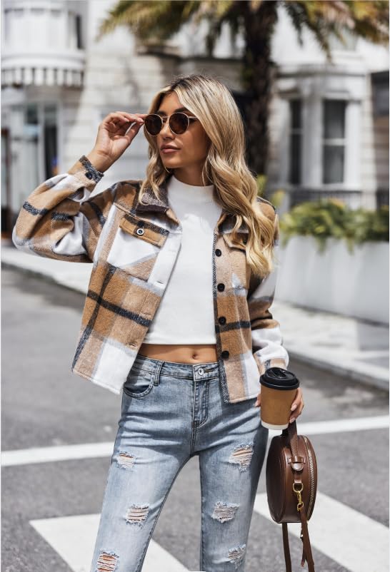 Zeagoo Flannels for Women Cropped Shacket Plaid Button Long Sleeve Jacket