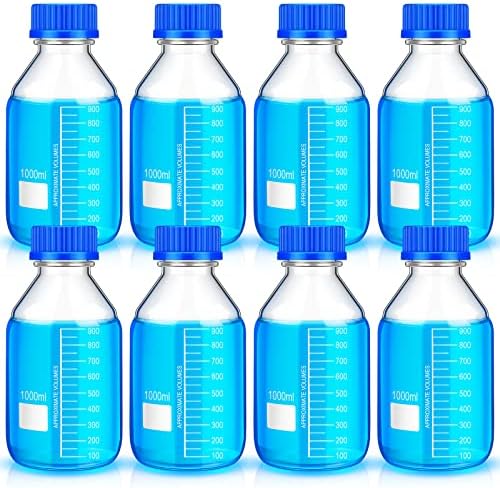 Irenare 8 Pieces Media Storage Bottles Borosilicate Storage Glass Scientific Round Graduated Media Bottle with Blue Gl45 Screw Cap for Lab Water Reagent Liquids(1000 ml)